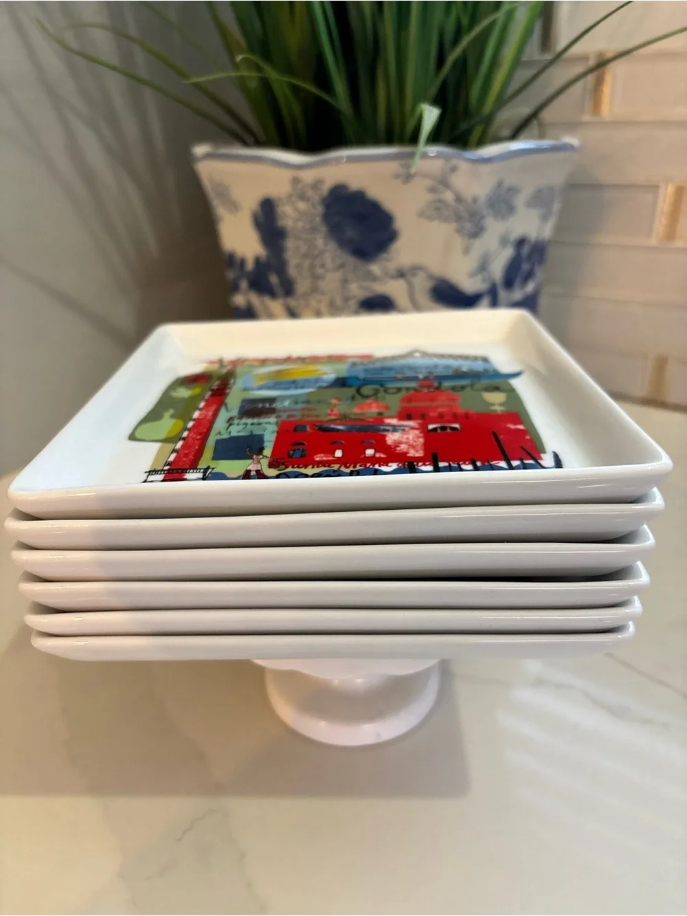 Crate & Barrel Cityscape Square Appetizer Plates Set of 6 City Scenes Ceramic